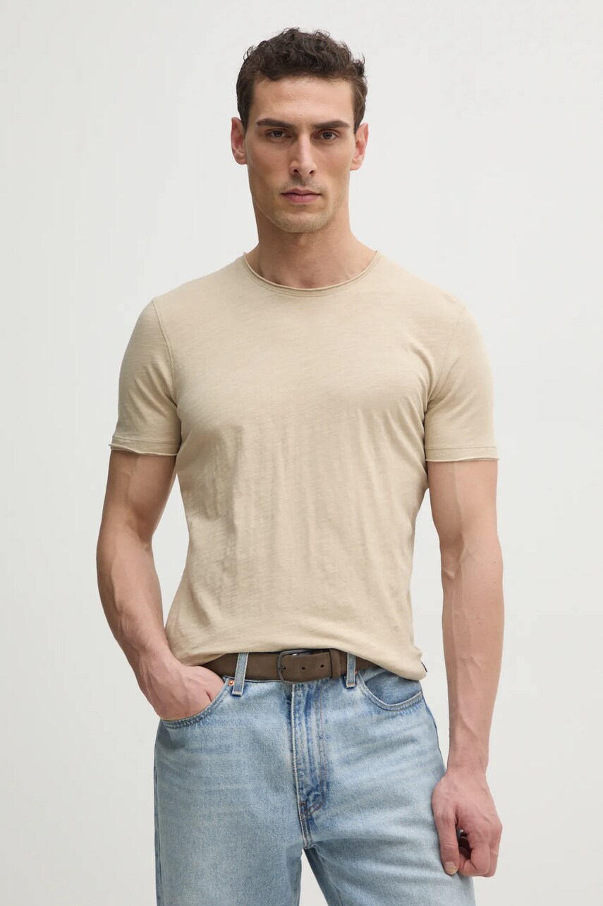 Sisley tricou din bumbac barbati, culoarea bej, neted, 3WF0S101K
