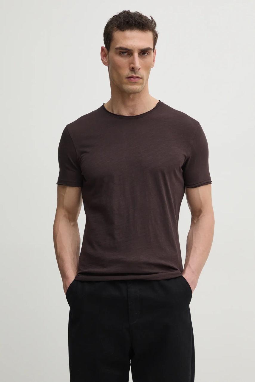 Sisley tricou din bumbac barbati, culoarea maro, neted, 3WF0S101K