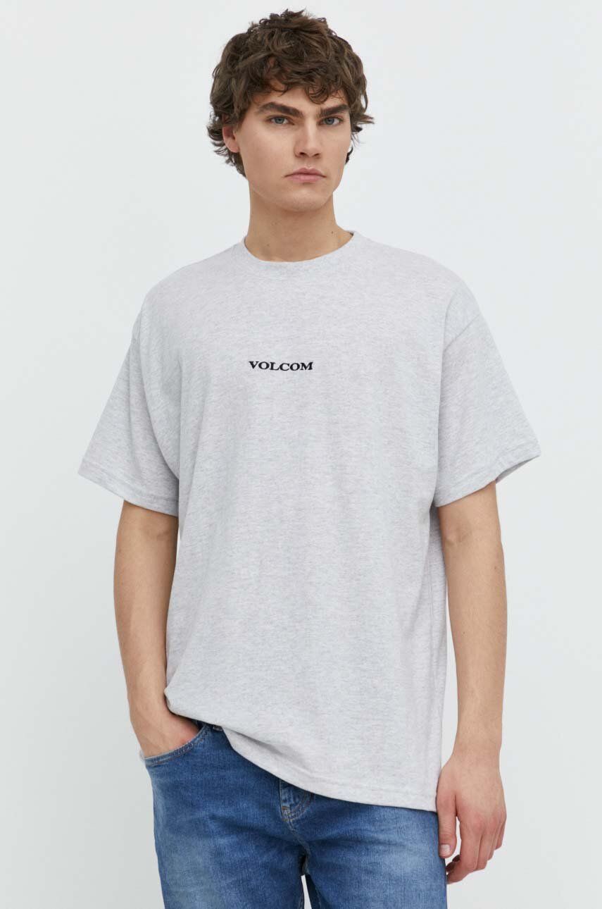 Levně Bavlněné tričko Volcom šedá barva, s aplikací