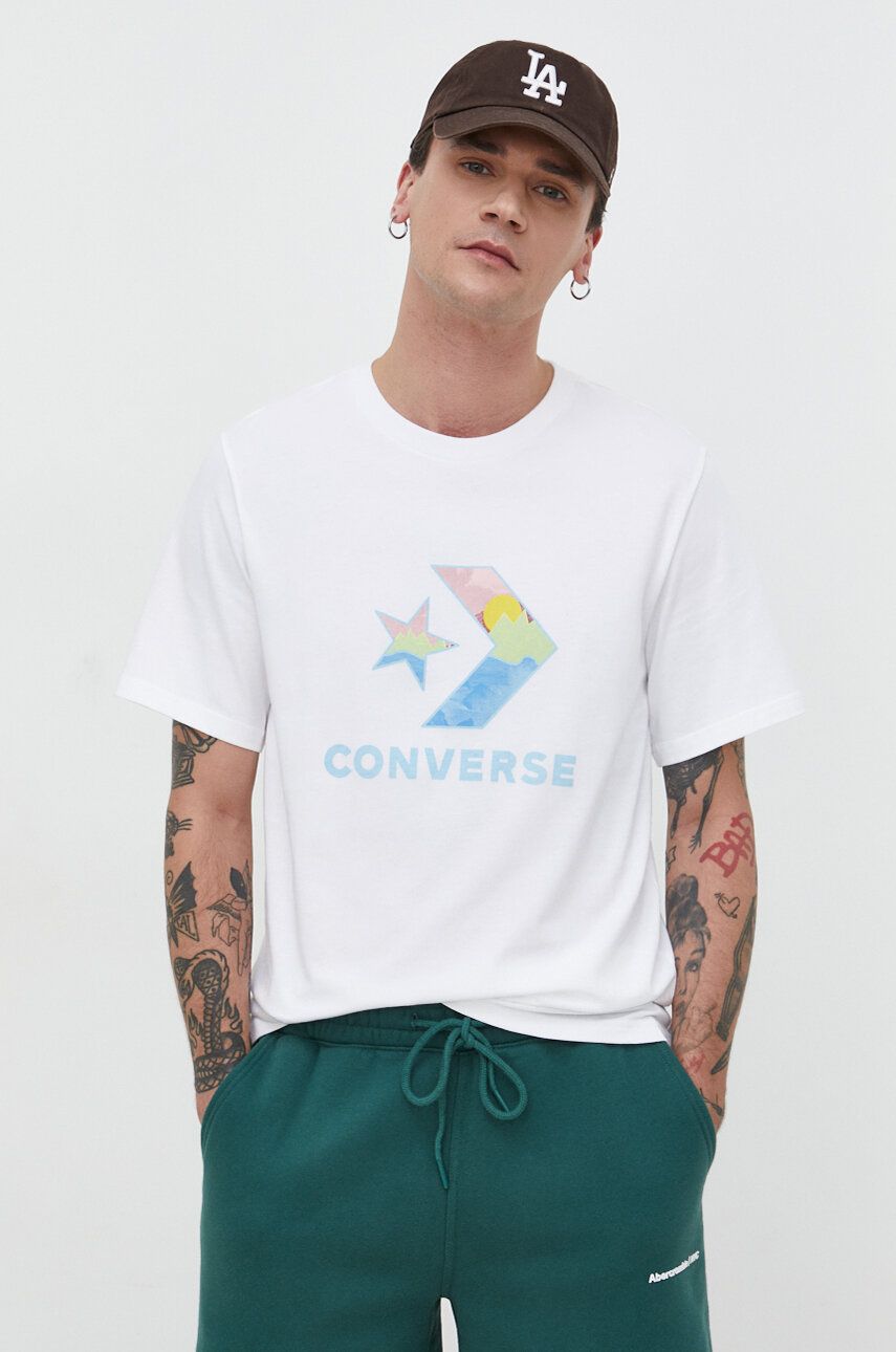 Converse tricou din bumbac barbati, culoarea bej, cu imprime