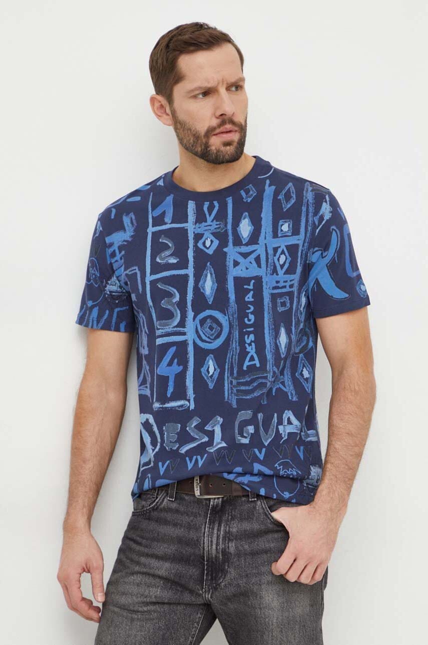 Desigual tricou din bumbac barbati, culoarea albastru marin, modelator