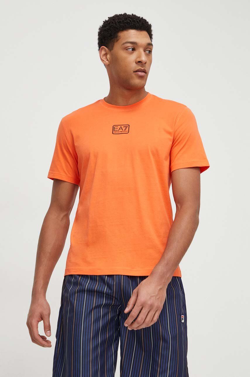EA7 Emporio Armani tricou din bumbac barbati, culoarea portocaliu, neted