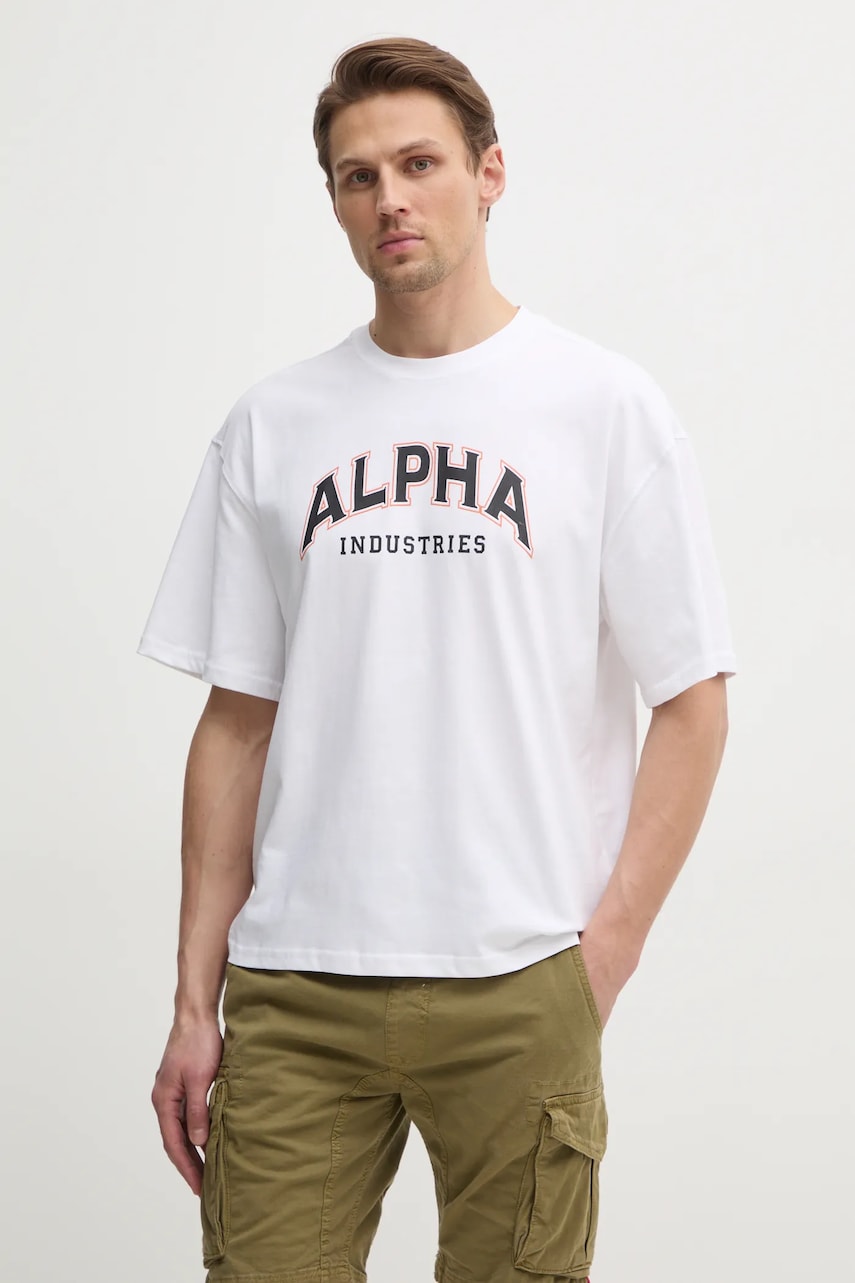 Alpha Industries tricou din bumbac College barbati, culoarea alb, cu imprimeu, 146501 Alpha Industries tricou din bumbac College barbati, culoarea alb, cu imprimeu, 146501