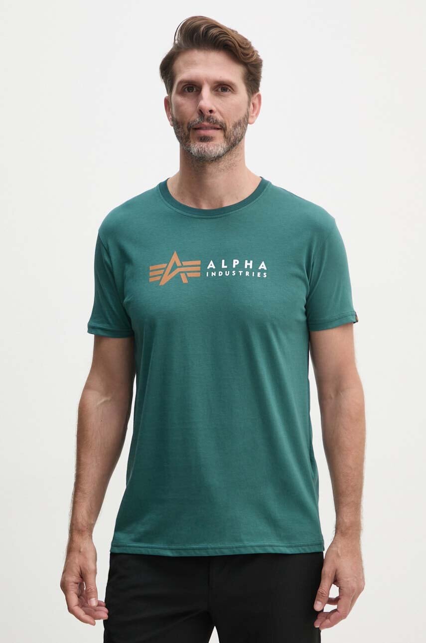 Alpha Industries tricou din bumbac Label barbati, culoarea verde, cu imprimeu, 118502 Alpha Industries tricou din bumbac Label barbati, culoarea verde, cu imprimeu, 118502