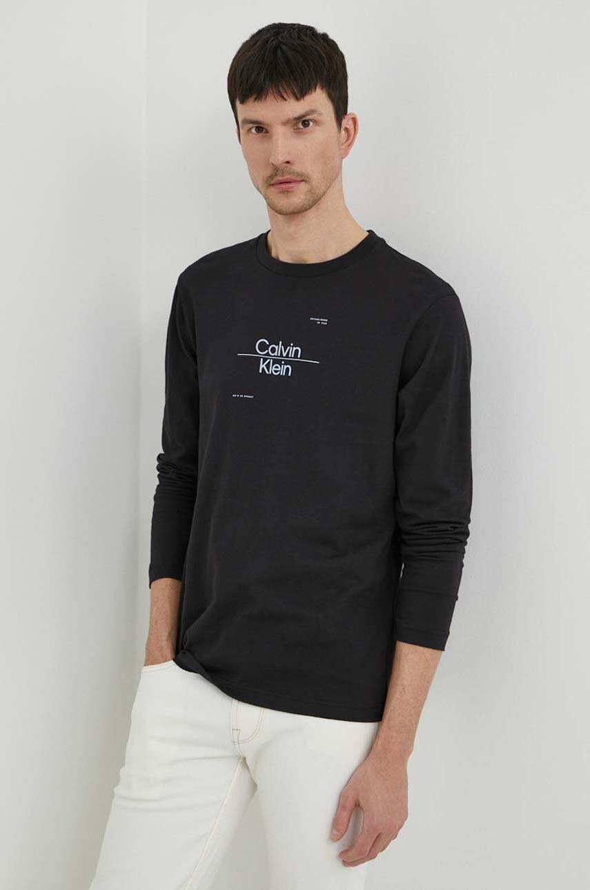 

Памучна блуза с дълги ръкави Calvin Klein в черно с принт K10K112483, Черен