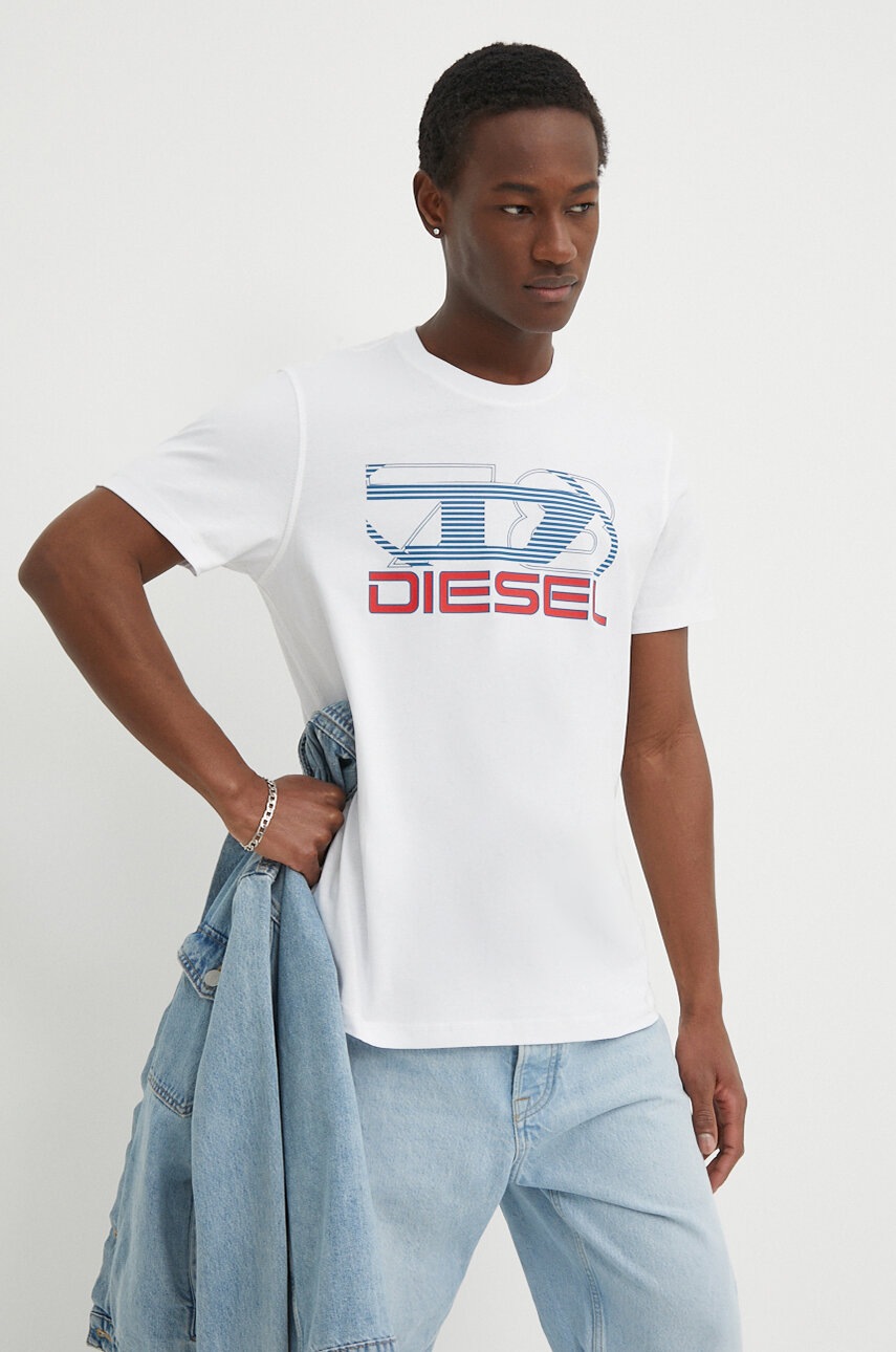 Diesel tricou din bumbac T-DIEGOR-K74 bărbați, culoarea alb, cu imprimeu, A12502.0GRAI