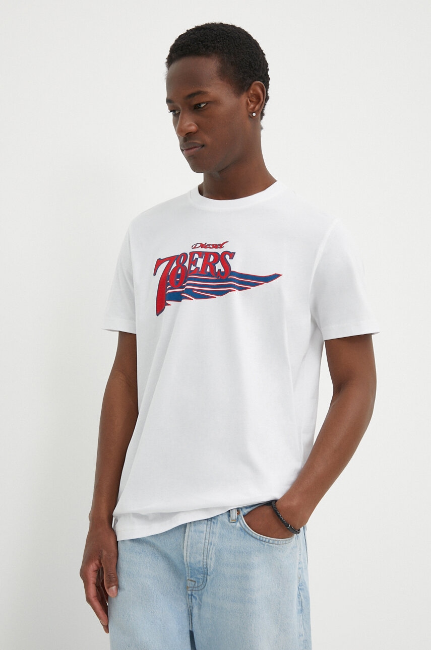 Diesel tricou din bumbac T-DIEGOR-K75 barbati, culoarea alb, cu imprimeu, A12503.0GRAI