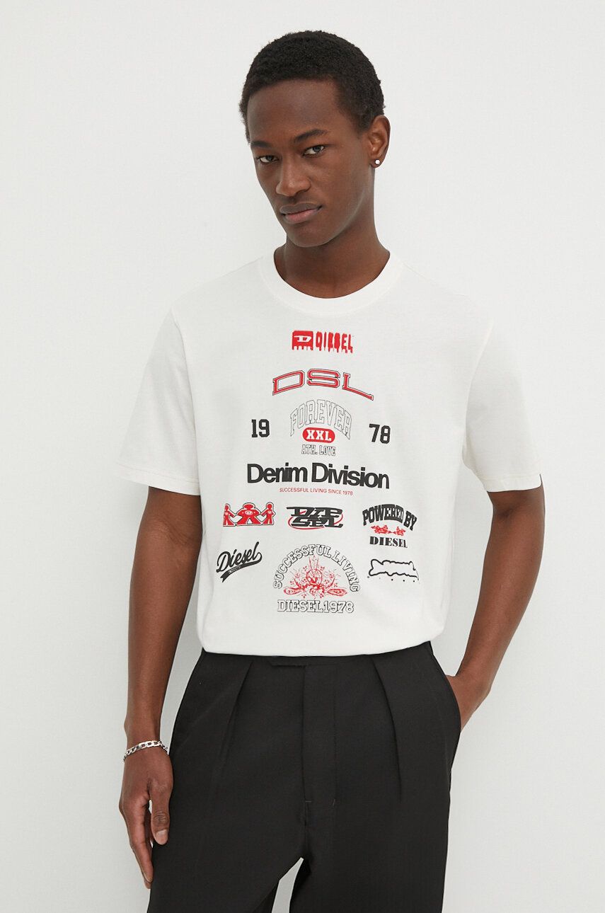 Diesel tricou din bumbac T-JUST-N14 bărbați, culoarea bej, cu imprimeu, A13284.0QIAM
