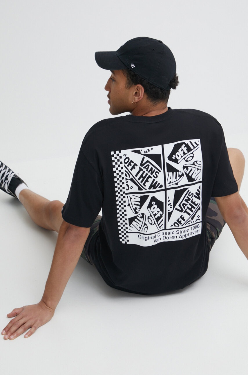 

Памучна тениска Vans в черно с принт, Черен