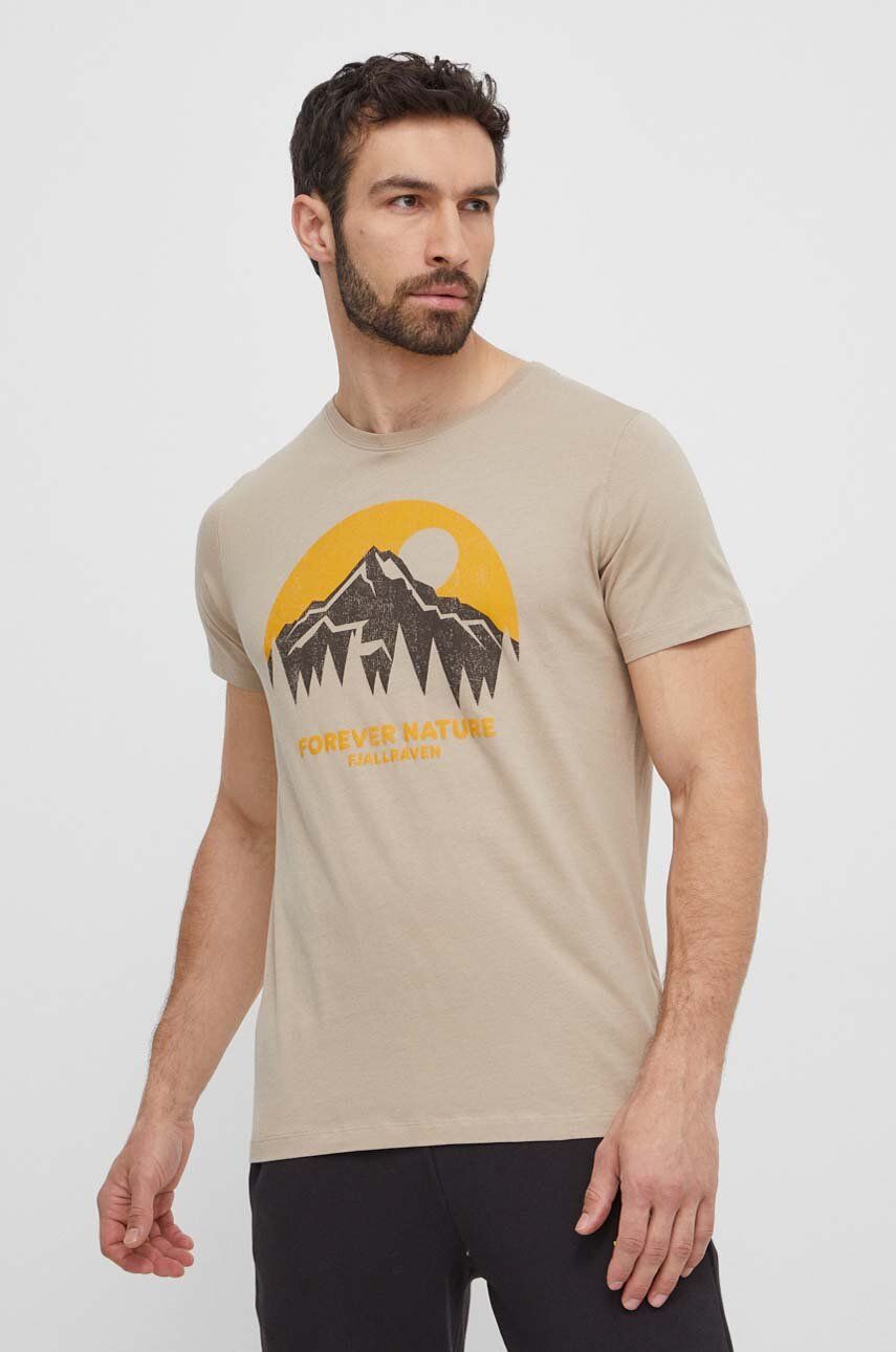 Fjallraven tricou din bumbac Nature barbati, culoarea bej, cu imprimeu, F87053