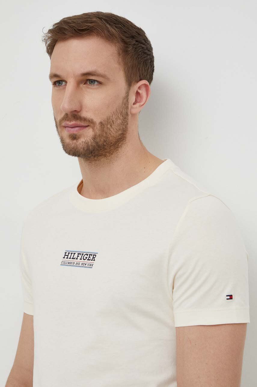 Bavlněné tričko Tommy Hilfiger béžová barva, s potiskem, MW0MW34387