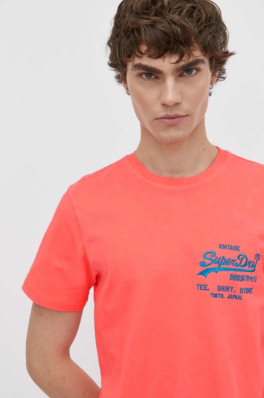 Levně Bavlněné tričko Superdry růžová barva, s potiskem