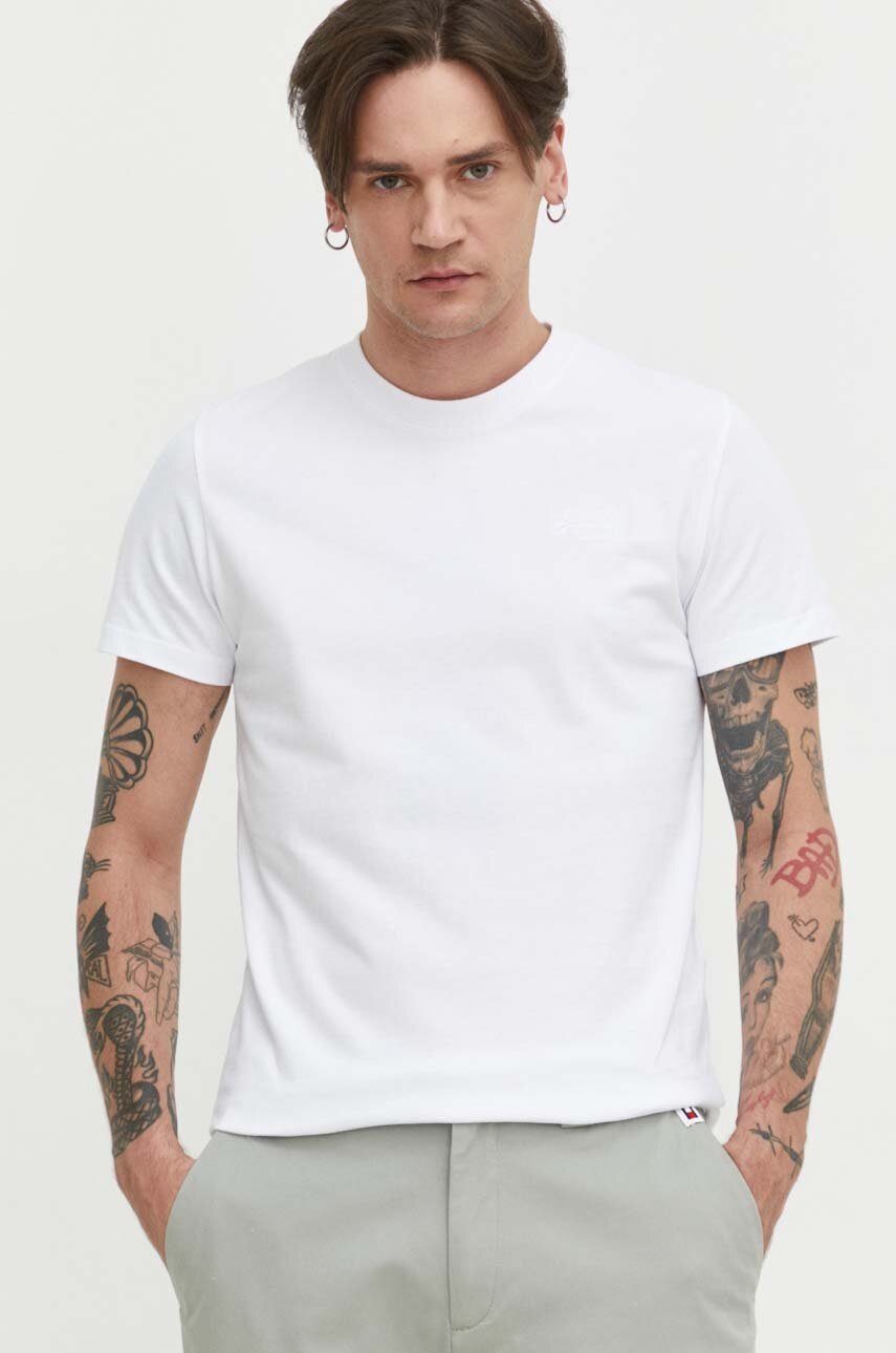 Superdry tricou din bumbac barbati, culoarea alb, neted
