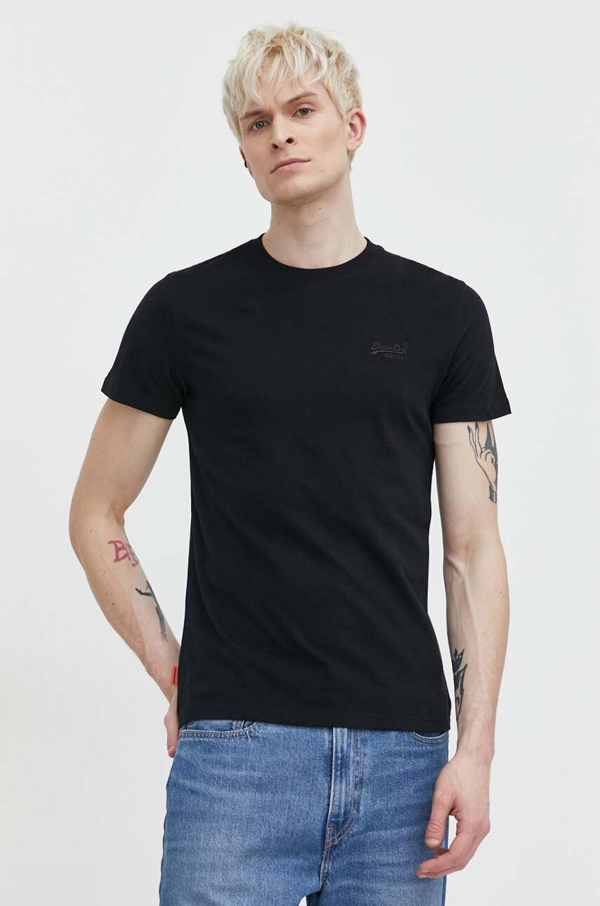 Superdry tricou din bumbac barbati, culoarea negru, neted
