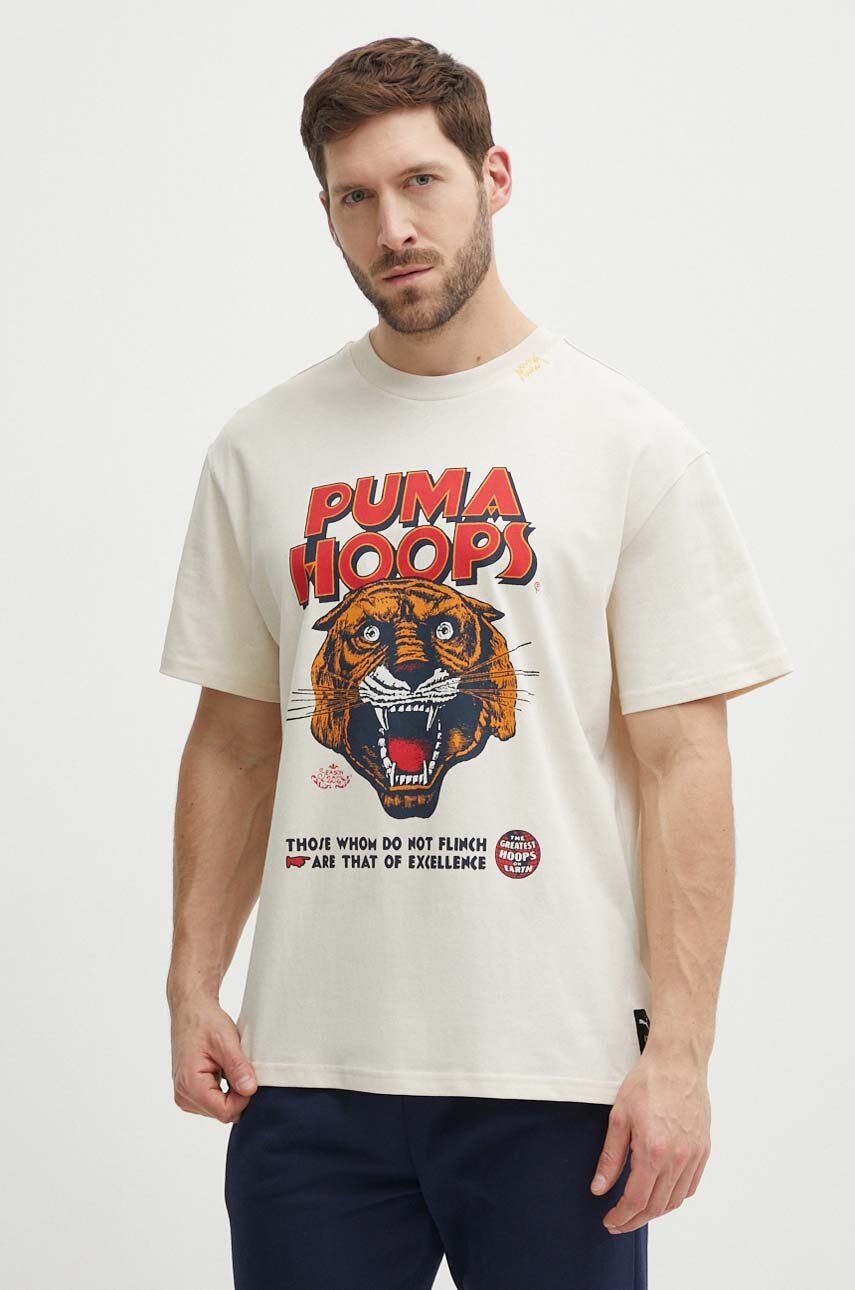 Puma tricou din bumbac bărbați, culoarea bej, cu imprimeu, 624737