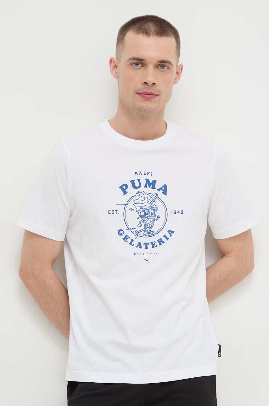 Puma tricou din bumbac bărbați, culoarea alb, cu imprimeu 625416