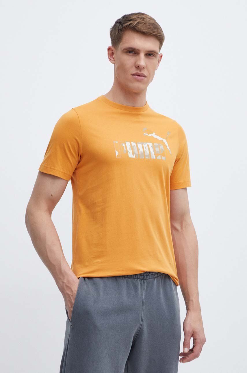 Puma tricou din bumbac bărbați, culoarea portocaliu, cu imprimeu, 675942