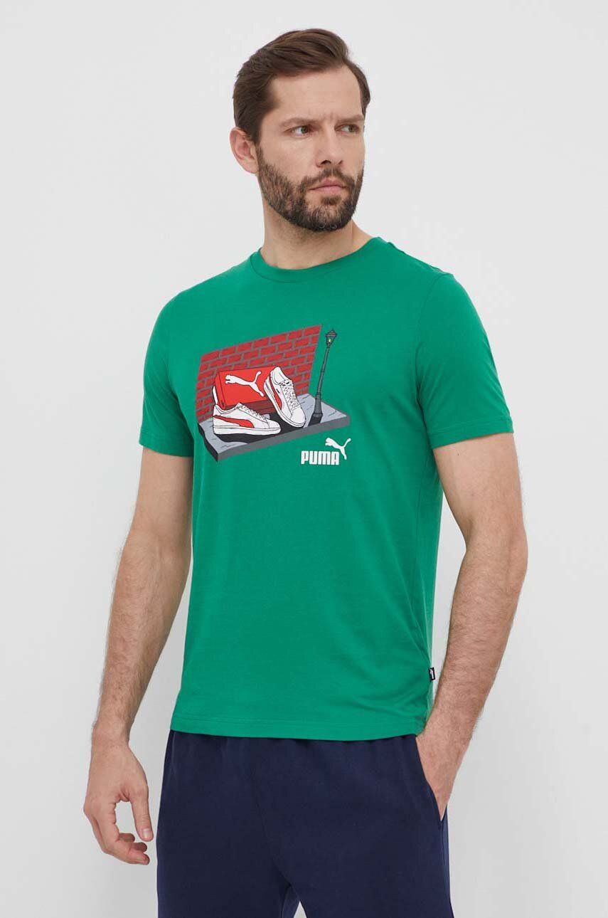 Puma tricou din bumbac barbati, culoarea verde, cu imprimeu, 680175