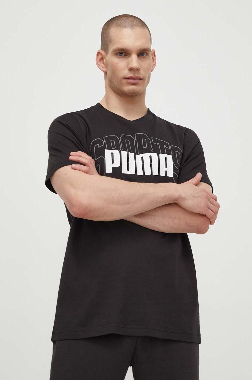 Puma tricou din bumbac bărbați, culoarea negru, cu imprimeu, 680177