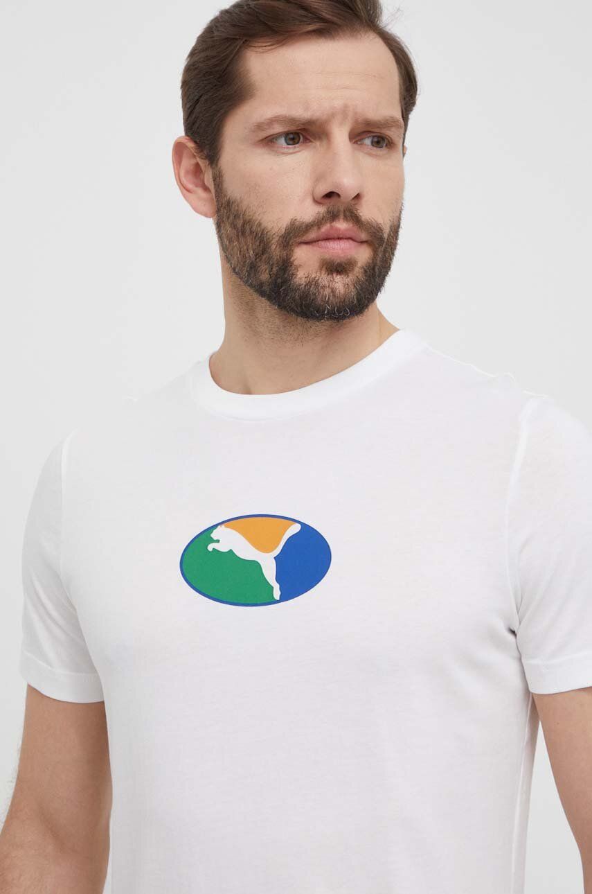 Puma tricou din bumbac bărbați, culoarea alb, cu imprimeu, 680183