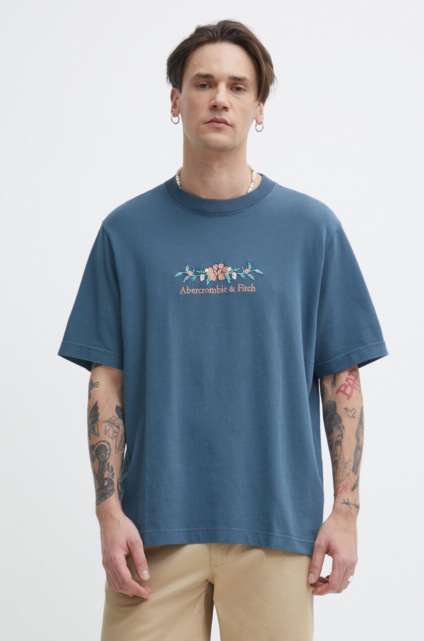 Abercrombie & Fitch tricou din bumbac barbati, culoarea turcoaz, cu imprimeu