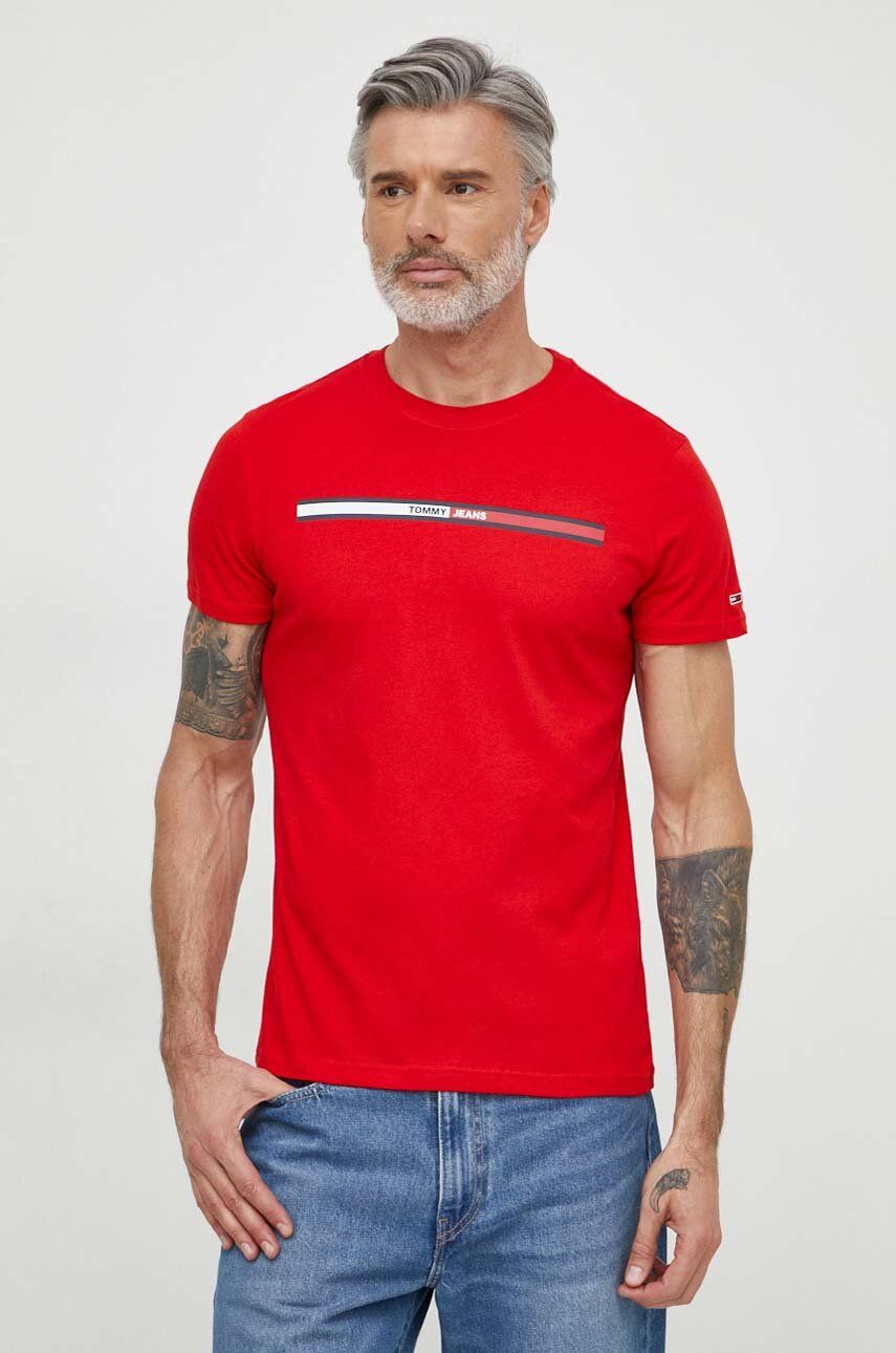 Tommy Jeans tricou din bumbac barbati, culoarea rosu, cu imprimeu