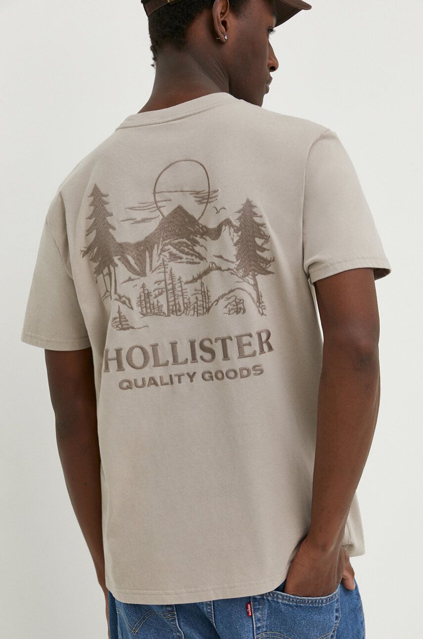 Hollister Co. tricou din bumbac barbati, culoarea bej, cu imprimeu