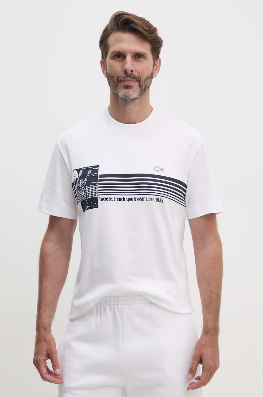 Lacoste tricou din bumbac barbati, culoarea alb, cu imprimeu