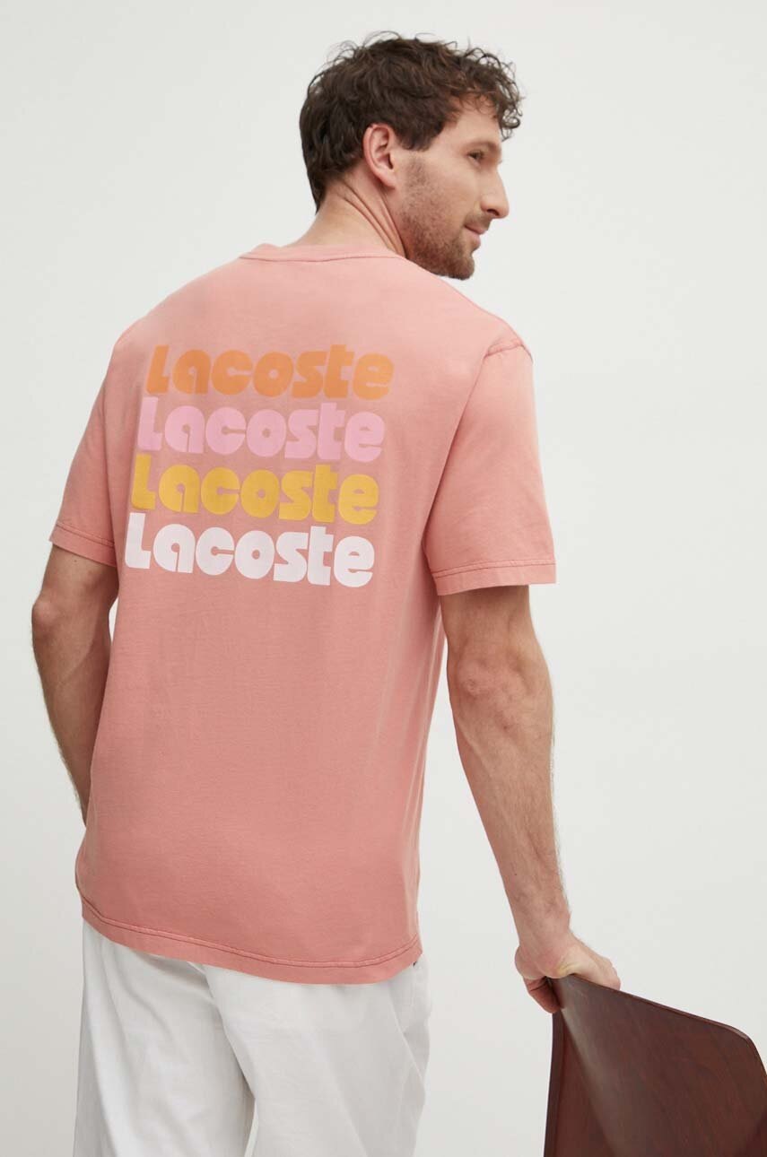 Lacoste tricou din bumbac barbati, culoarea roz, cu imprimeu