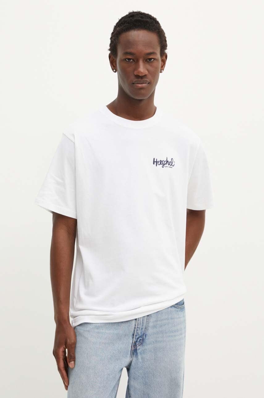 Herschel tricou din bumbac barbati, culoarea alb, cu imprimeu Herschel tricou din bumbac barbati, culoarea alb, cu imprimeu