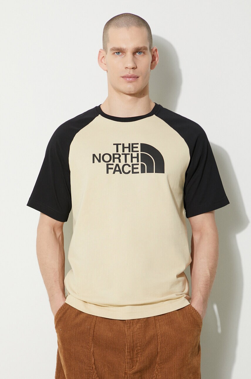 The North Face tricou din bumbac M S/S Raglan Easy Tee bărbați, culoarea bej, cu model, NF0A87N73X41