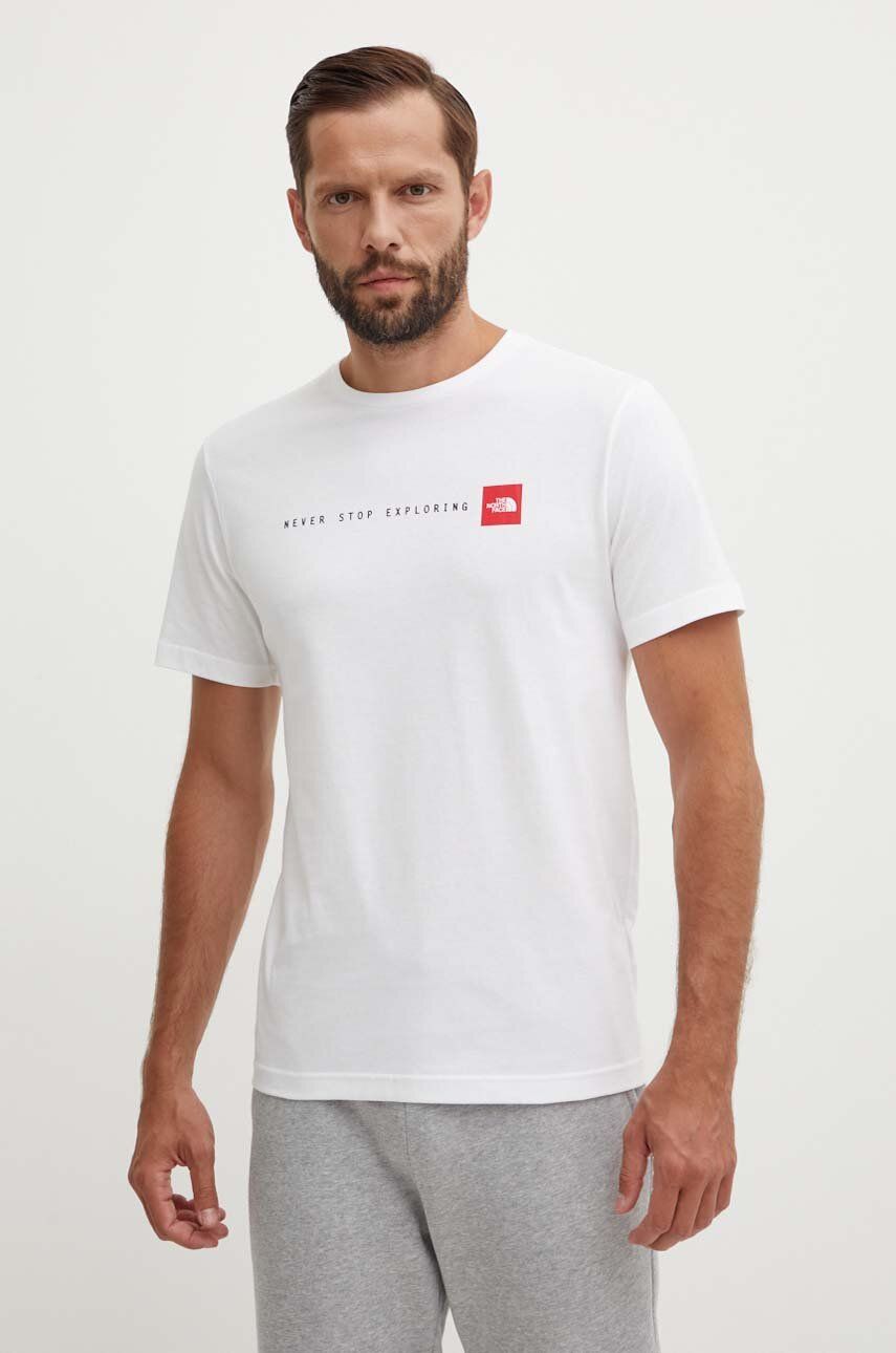 The North Face tricou din bumbac M S/S Never Stop Exploring Tee bărbați, culoarea alb, cu imprimeu, NF0A87NSFN41