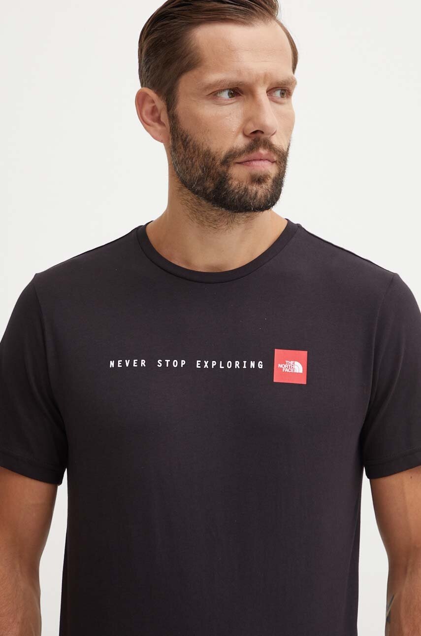 The North Face tricou din bumbac M S/S Never Stop Exploring Tee bărbați, culoarea negru, cu imprimeu, NF0A87NSJK31