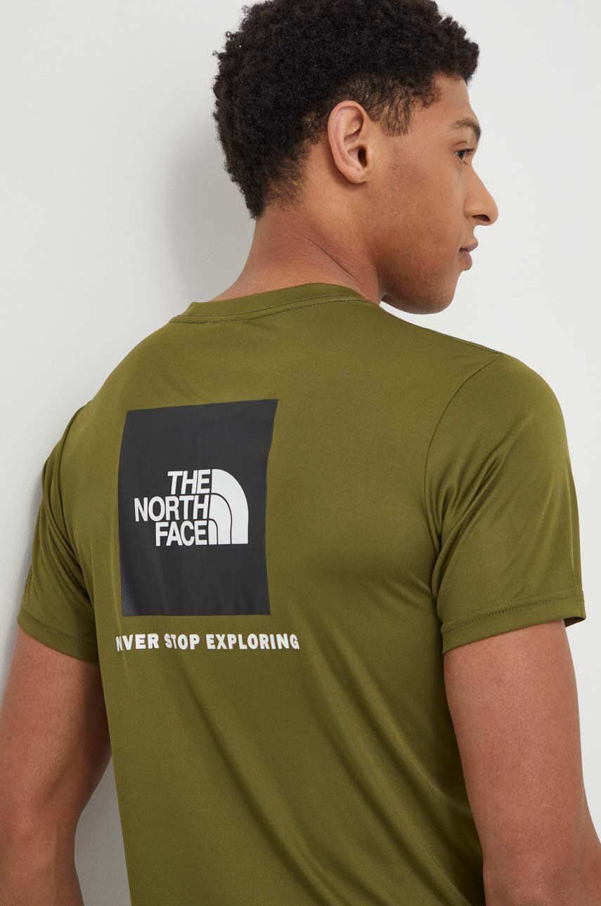 The North Face tricou sport Reaxion Red Box culoarea verde, cu imprimeu