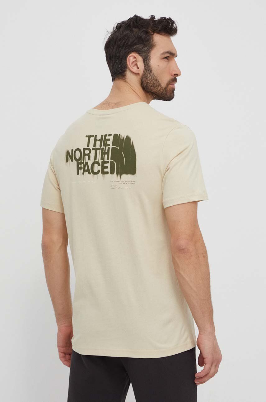 The North Face tricou din bumbac barbati, culoarea bej, cu imprimeu, NF0A87EW3X41