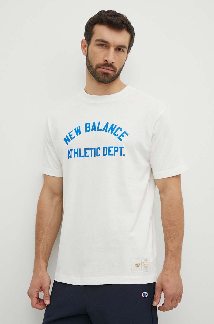 New Balance tricou din bumbac barbati, culoarea bej, cu imprimeu, MT41514SST New Balance tricou din bumbac barbati, culoarea bej, cu imprimeu, MT41514SST