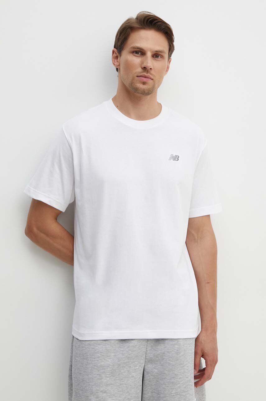 Bavlněné tričko New Balance Small Logo bílá barva, s aplikací, MT41509WT