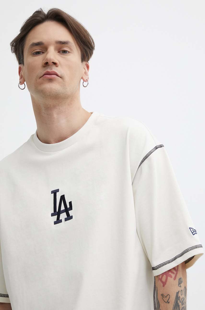 New Era tricou din bumbac barbati, culoarea bej, cu imprimeu, LOS ANGELES DODGERS