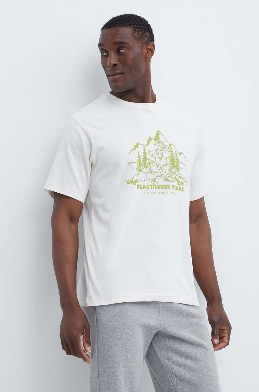 The North Face tricou din bumbac Patron Plasticfree Peaks barbati, culoarea bej, cu imprimeu, NF0A87DXQLI1