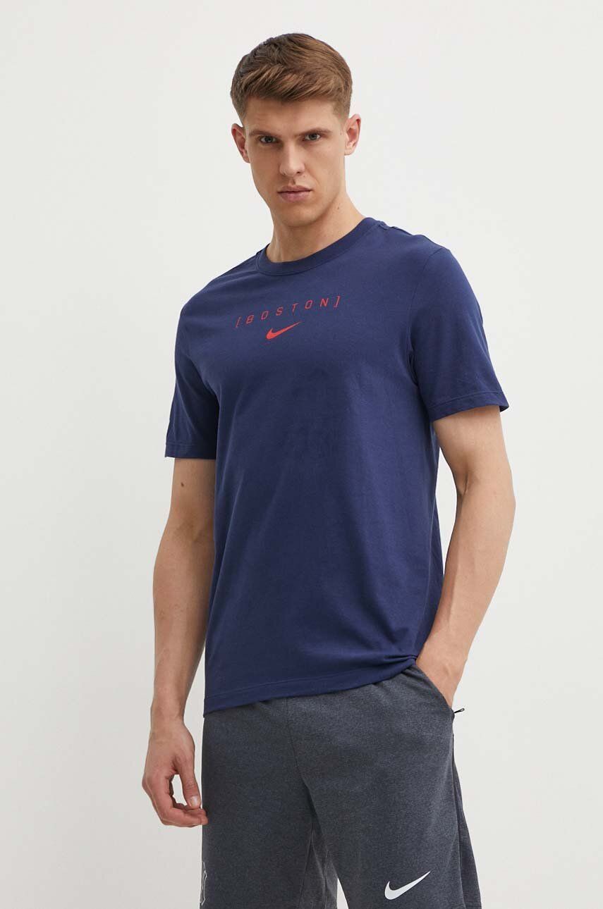 Nike Tricou Din Bumbac Boston Red Sox Barbati, Culoarea Albastru Marin, Cu Imprimeu