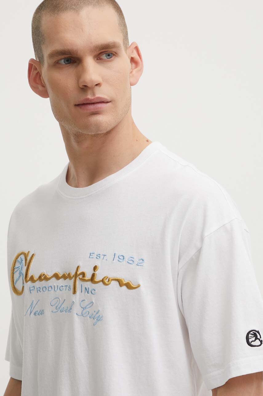 Champion tricou din bumbac barbati, culoarea alb, cu imprimeu, 219998