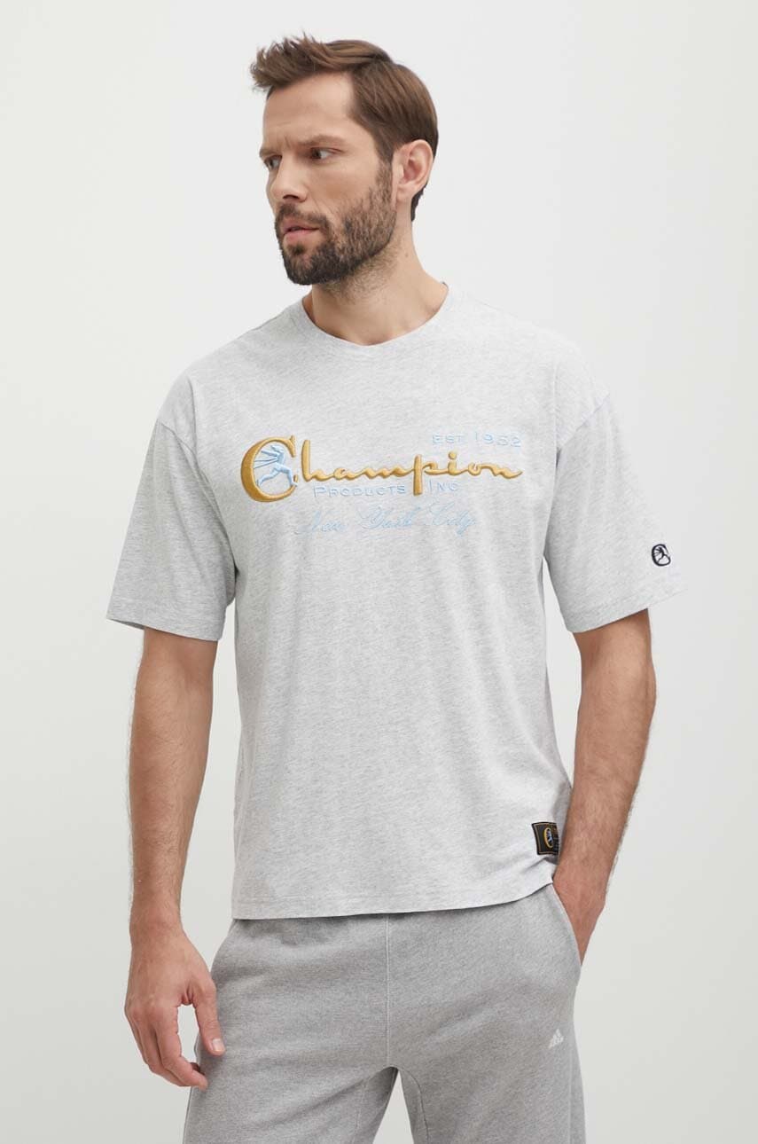 Champion tricou din bumbac barbati, culoarea gri, cu imprimeu, 219998 Champion tricou din bumbac barbati, culoarea gri, cu imprimeu, 219998