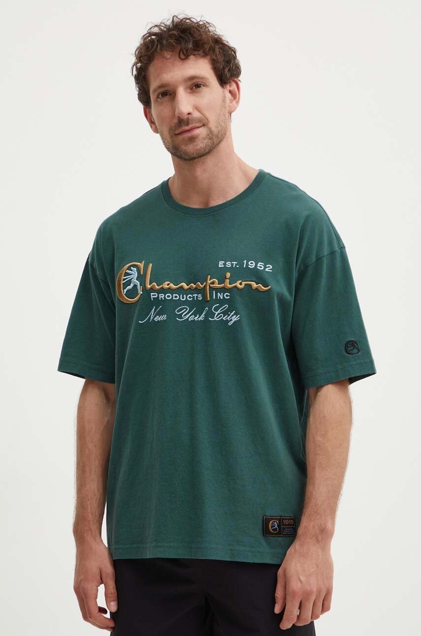 Champion tricou din bumbac barbati, culoarea verde, cu imprimeu, 219998