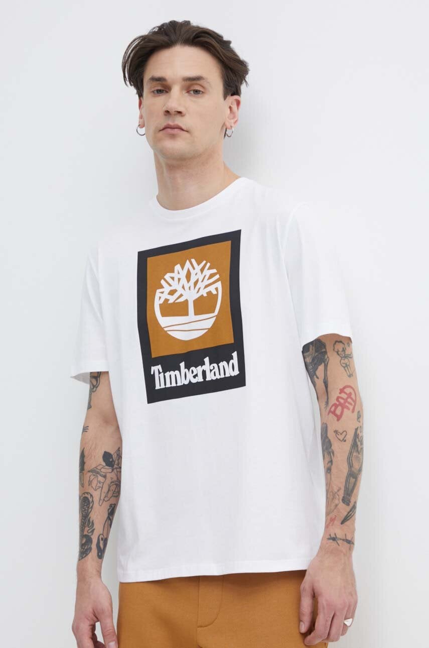 Timberland tricou din bumbac barbati, culoarea alb, cu imprimeu, TB0A5QS21001 Timberland tricou din bumbac barbati, culoarea alb, cu imprimeu, TB0A5QS21001