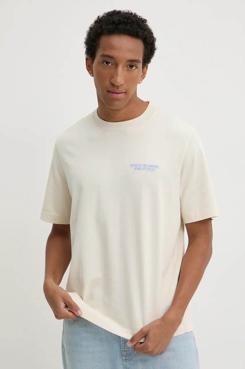 Abercrombie & Fitch tricou din bumbac barbati, culoarea bej, cu imprimeu