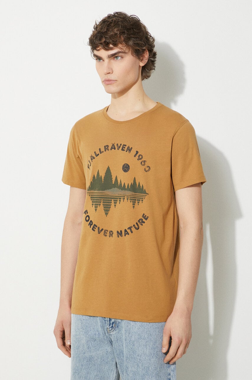 Fjallraven tricou din bumbac Forest Mirror T-shirt M barbati, culoarea maro, modelator, F87045.232 Fjallraven tricou din bumbac Forest Mirror T-shirt M barbati, culoarea maro, modelator, F87045.232