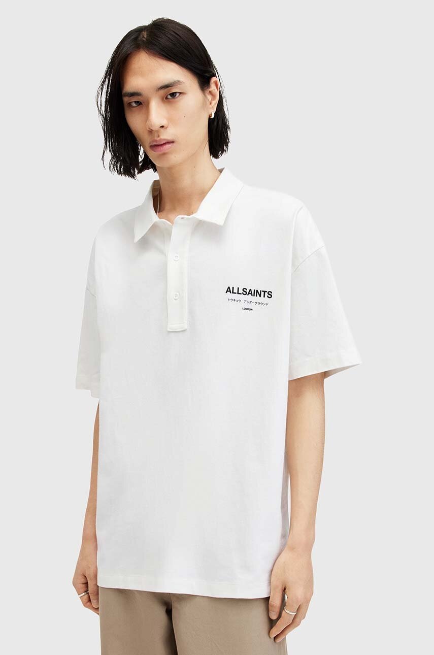 

Памучна тениска с яка AllSaints UNDERGROUND SS POLO в черно с принт M047PA, Бял