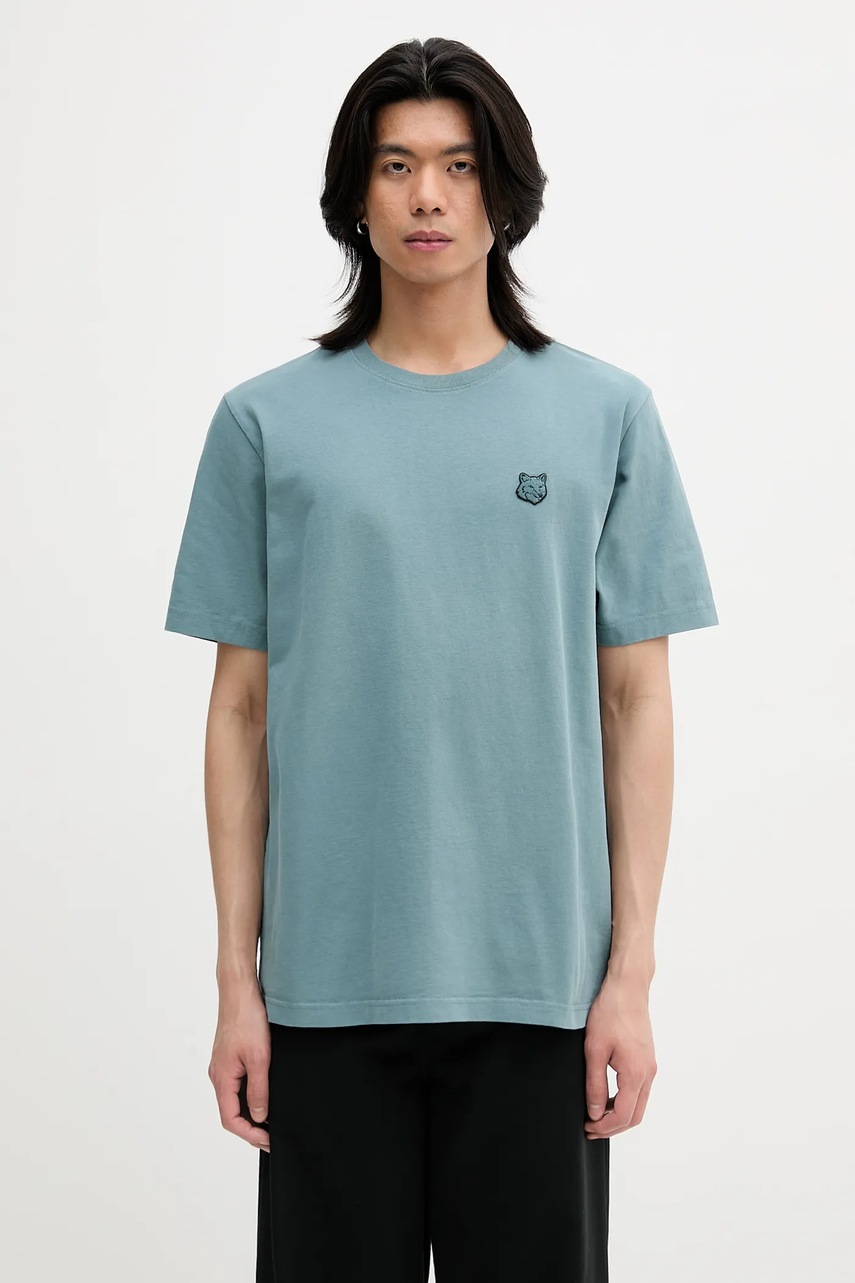 Bavlněné tričko Maison Kitsuné Bold Fox Head Patch Comfort Tee Shirt pánské, zelená barva, s aplikací, MM00127KJ0118