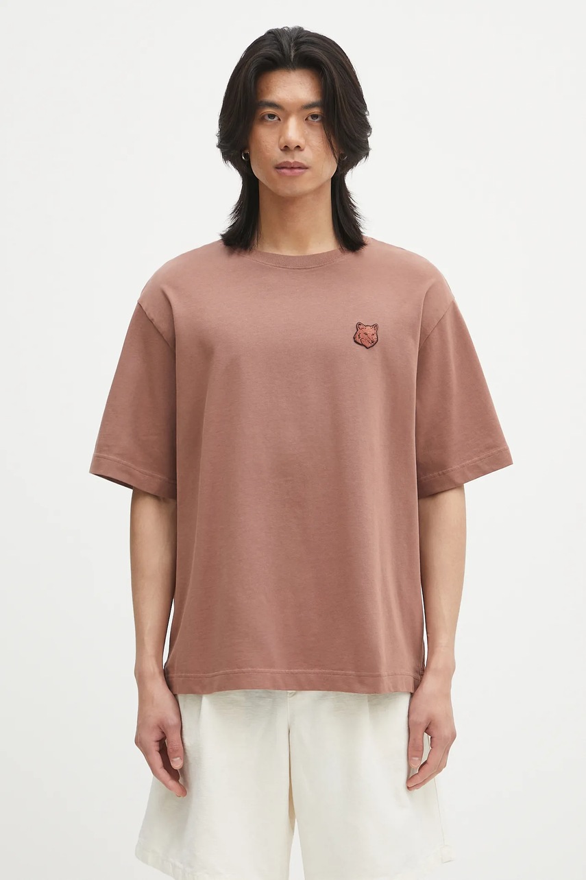 Bavlněné tričko Maison Kitsuné Bold Fox Head Patch Oversize Tee Shirt pánské, béžová barva, LM00107KJ0119