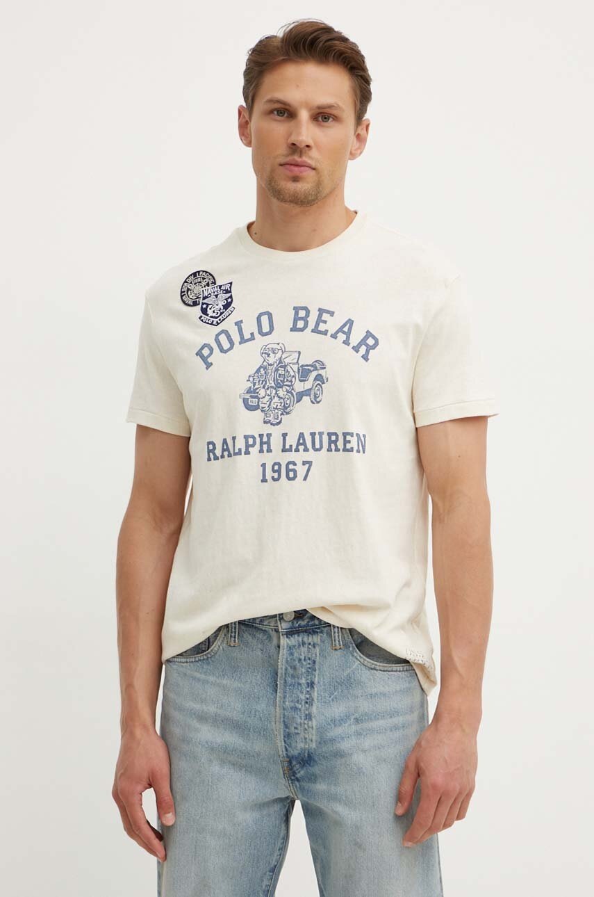 

Памучна тениска Polo Ralph Lauren в бежово с принт 710934710, Бежов